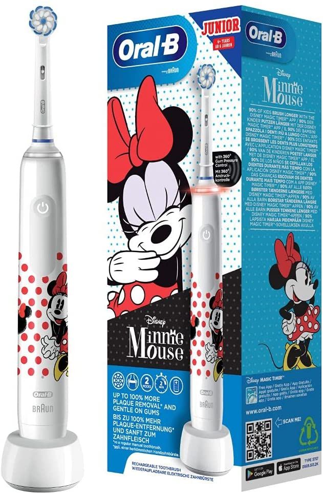 Oral-B Junior Minnie Mouse elektrische Zahnbürste mit visueller Andruckkontrolle & integriertem Timer, für Kinder ab 6 Jahren, weiß