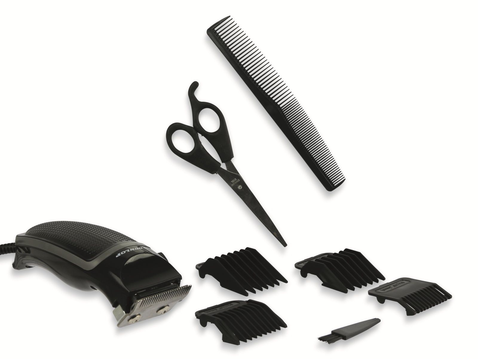 Dunlop Haarschneide-Set 9-teilig Haarschneider mit 4 Kammaufsätzen, Kamm, Schere, Reinigungspinsel, 50 mm Schermesser, schwarz