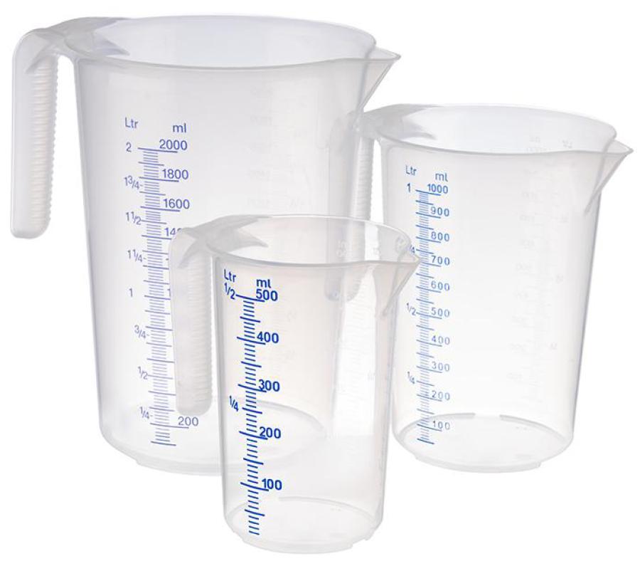Messbecher -STACKABLE- Ø 12 cm, H: 16,5 cm, 1 Liter Polypropylen mit offenem Griff geprägte Maßskalierung außen Liter- - Milliliter-Einteilung