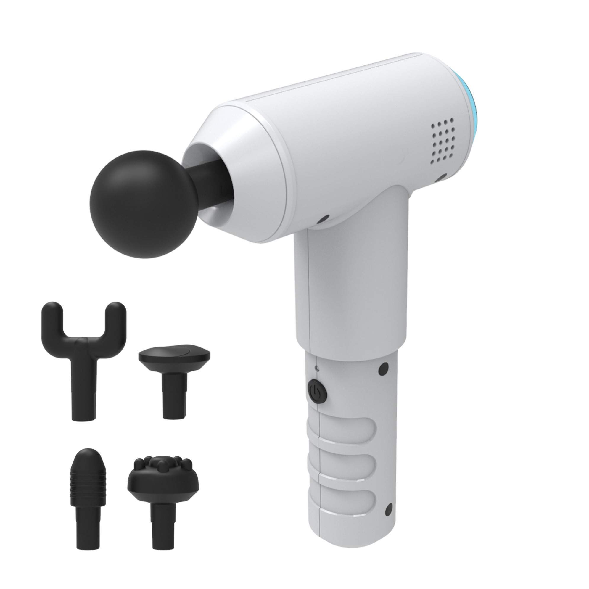 HoMedics Massage Gun Massagepistole Tragbares Physiotherapie-Massagegerät, professionelle Physio-Tiefenmassage, Perkussionsmassage für die Muskeln, 5 Massageköpfe, kabellos, wiederaufladbar Weiß