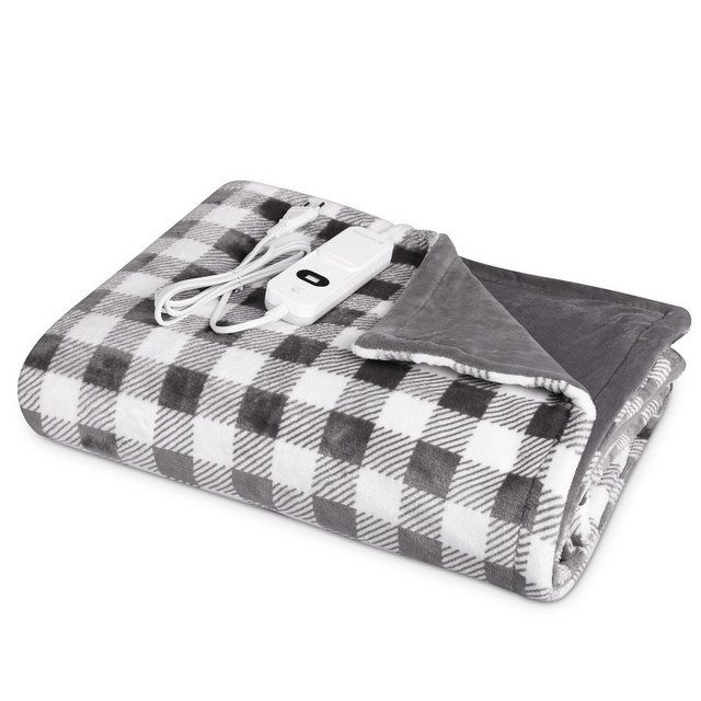 Navaris Heizdecke, XXL Elektrische Poncho Heiz-Decke 180x130cm 3 Wärmestufen Abschaltautomatik waschmaschinengeeignet Kuschelige Wärmedecke Karomuster, grau-weiß