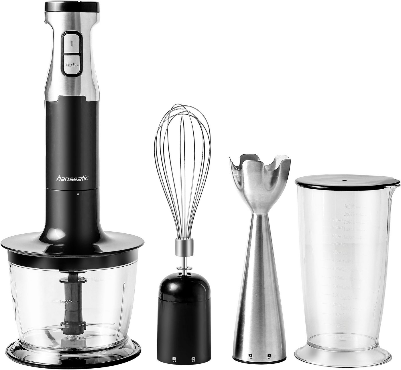 Hanseatic HHBL1000SD 3-in-1 Stabmixer, 1000 W mit Schneebesenaufsatz und Rühr-/Messbecher, extra hoher Mixbecher, 2 Geschwindigkeiten