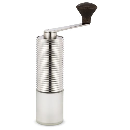 millone compact manuelle Kaffeemühle präzise Mahlgradeinstellung, zwei Edelstahl Mikrokugellager, klappbarer Griff, Bohnenbehälter 30 g, inkl. Ersatzglas + Reinigungsgranulat, Edelstahlgehäuse (Wellige Oberfläche)