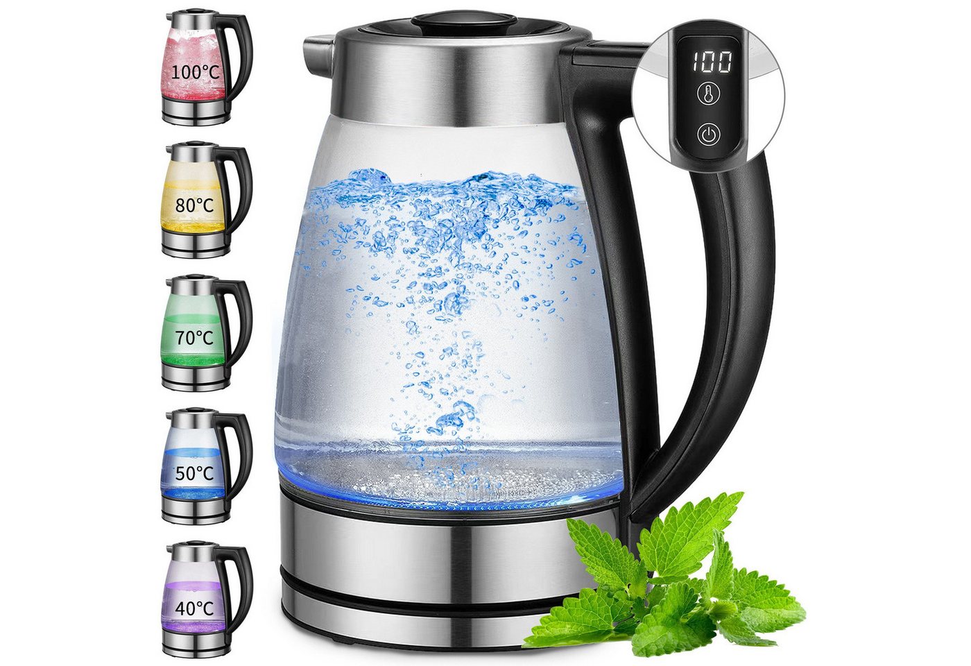 ibettertec Wasserkocher aus Glas, 2,0 Liter mit Temperaturwahl 40-100°C, 2200W, LED Farbwechsel, Edelstahlboden