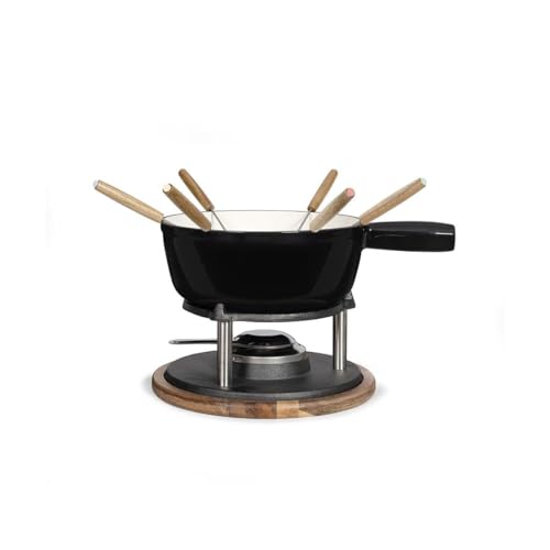 Livoo Fondue-Set MEN426N, 2,6 l Caquelon aus emailliertem Gusseisen mit Akazienholzsockel, für bis zu 6 Personen, induktionsgeeignet