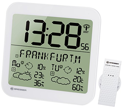 Bresser Wanduhr Wetterstation Funk mit Außensensor mit 4 Tage und Nächte Wettervorhersage und 6cm großen Uhrzeitziffern für Wand und Standmontage, weiß