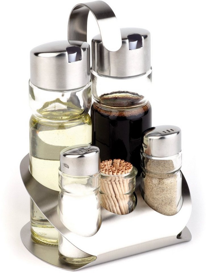 APS Menage-Set 5-in-1, 5-tlg, Edelstahl/Glas, spülmaschinengeeignet mit Essig-/Ölspender und Zahnstocherglas