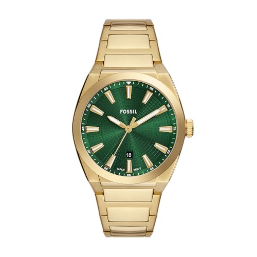 Fossil Herren Analog Quarz Uhr mit Edelstahl Armband FS6090, grünes Zifferblatt, goldfarben