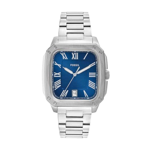 FOSSIL Crosby Herren Uhr, Quarz-Dreizeiger-Datumswerk, 48mm Edelstahlgehäuse, silberfarbenes Zifferblatt, Edelstahlarmband, wasserdicht bis 50m