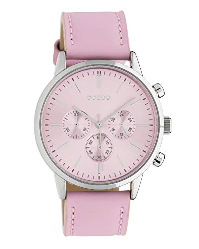 Oozoo Damenuhr Chrono Look mit Lederband 40 MM Silberfarben/Rosa, Miyota Quarzwerk, spritzwassergeschützt