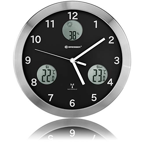 Bresser Funkuhr Wanduhr MyTime io, 30cm große Wanduhr mit geräuschlosem Funkuhrwerk mit Innen- und Außentemperatur + Luftfeuchtigkeitsanzeige, inklusive Funkaußensender, schwarz