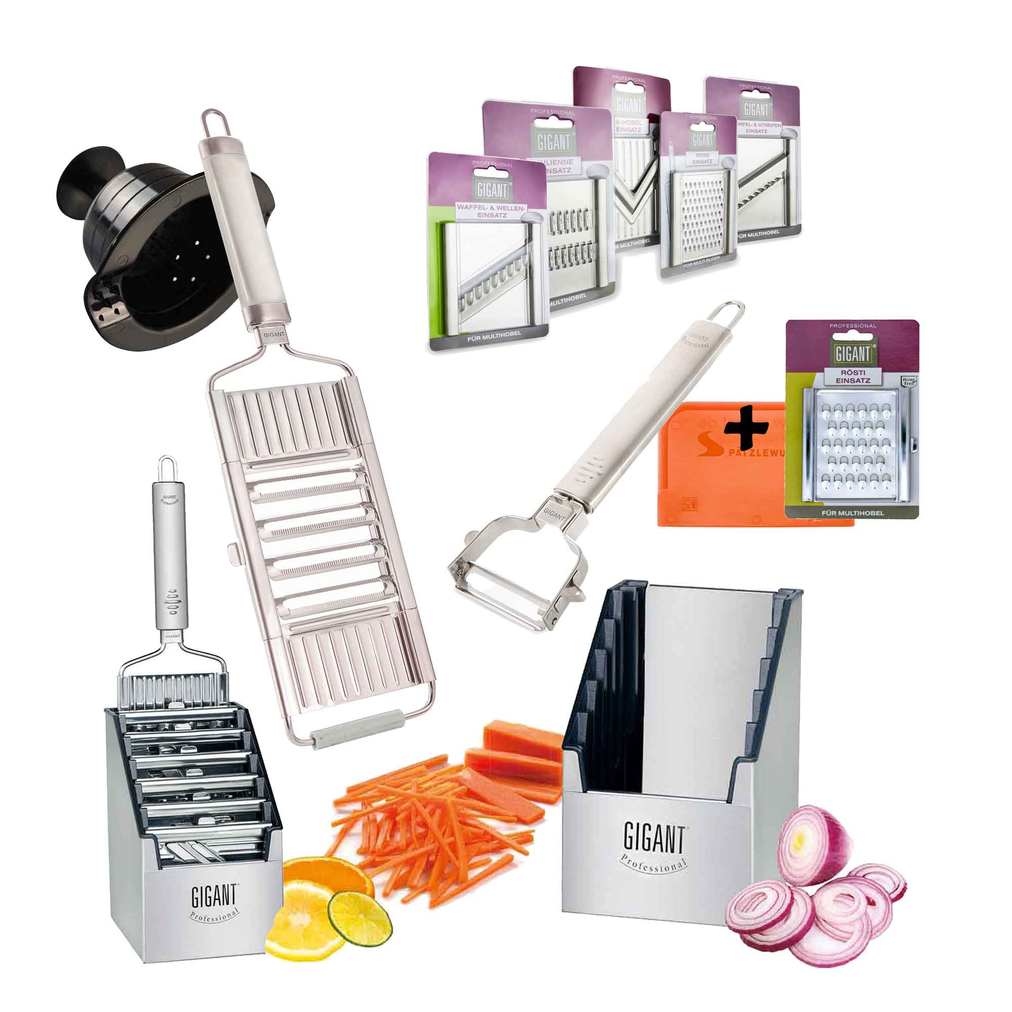 4-fach Gemüse-Hobel Gigant Multi-Schneider Muxels Super Mega-Set mit gleich 6weiteren Einsätzen in Edelstahl in der praktischen Multi-Box + Multischäler