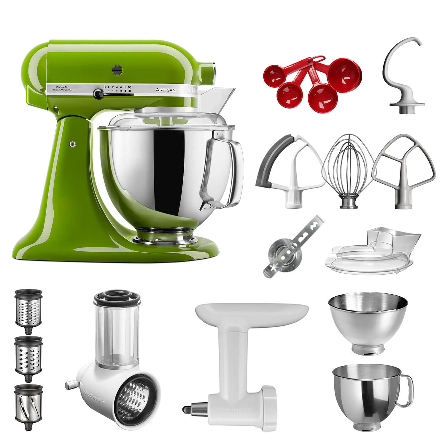 KitchenAid Artisan 5KSM175PSEMA Küchenmaschine Starterpaket, inkl. Starterpaket - Fleischwolf, Spritzgebäckvorsatz, Gemüseschneider, 2 Rührschüsseln, Küchenmaschinenaufsatz, Spritzschutz, Dosierlöffel, pistazie, Serie: 5KSM175PS