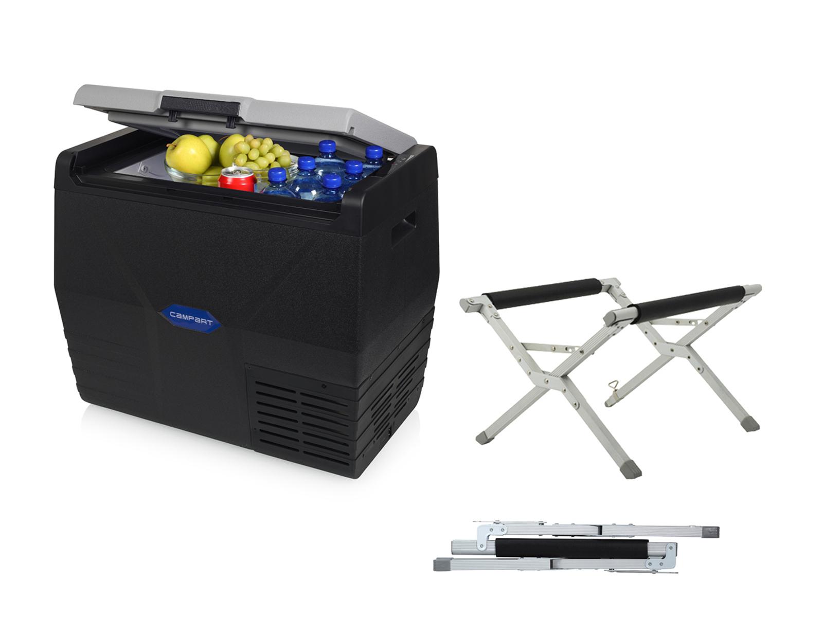 campart Travel Elektrische Kompressor Kühlbox, 35 Liter, 12V230V, Anschluss mit Klappständer