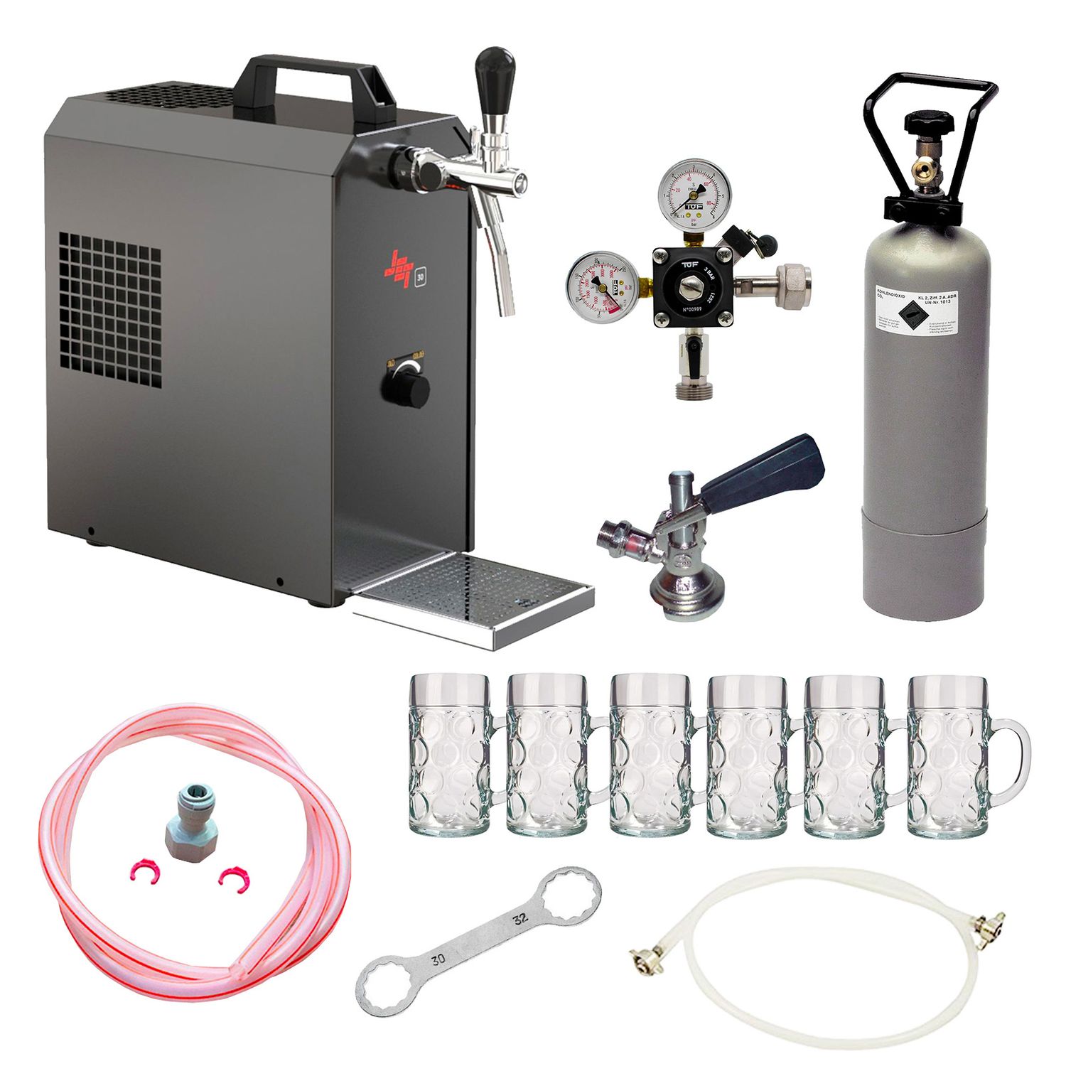 Komplett Set - Zapfanlage JET 30 Bierkoffer, Durchlaufkühler 1-leitig Trockenkühler, bis zu 35 Liter/h, inkl. Biergläser ISAR 0,3 Liter 6 Stk. Dreikant