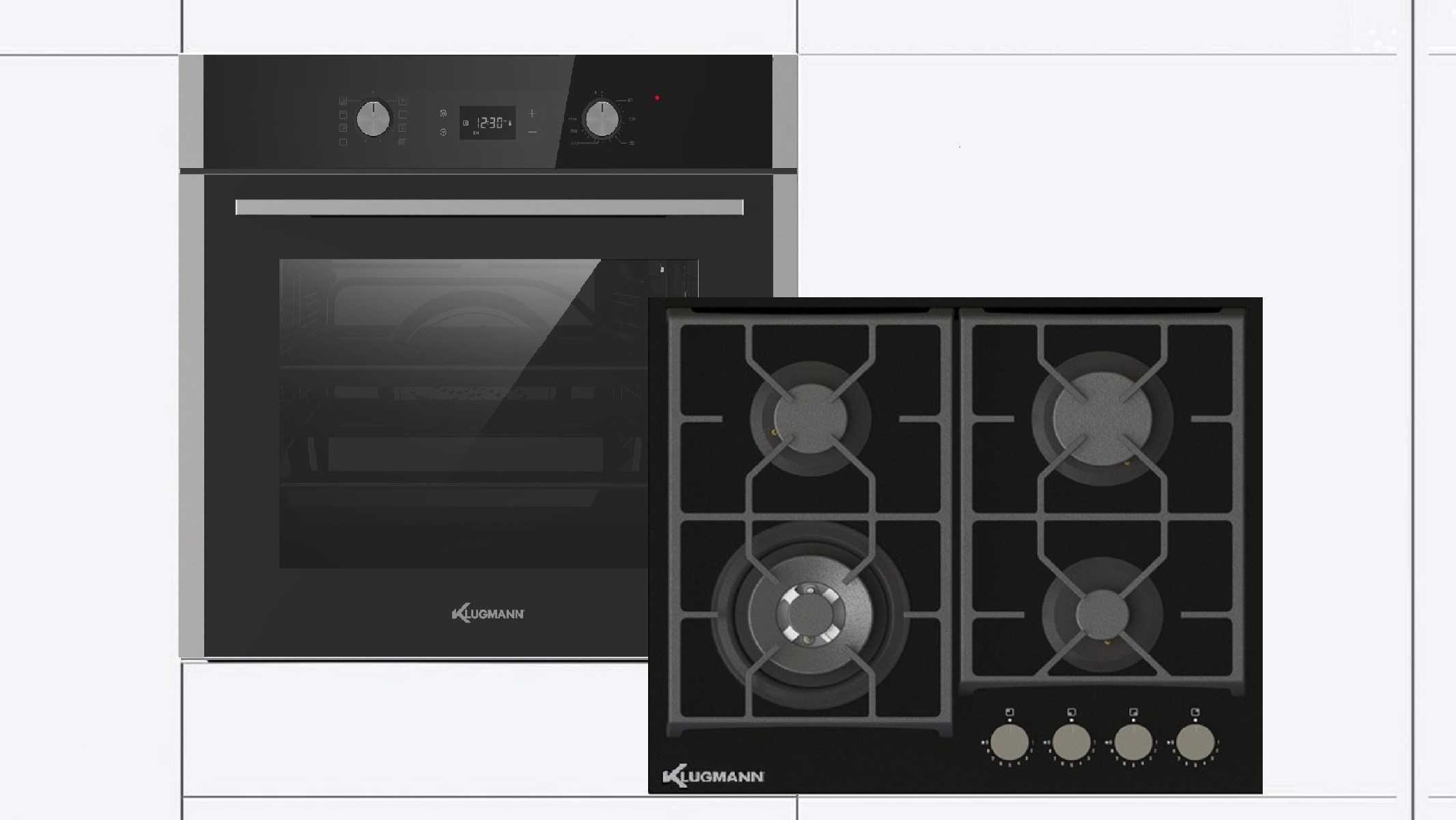Klugmann KO608.5TCX Backofenset, Einbaubackofen + Gaskochfeld + Teleskopauszug, 3-fach Verglasung, 4 Brenner, 8+1 Beheizungsarten, Touch, versenkbare Knebel, A, Garraum 68 l, Breite 59,5 cm, Anzahl der Kochstellen 4, schwarz, grau