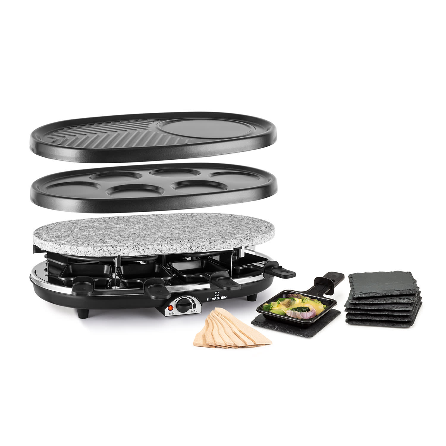 Klarstein All-U-Can-Grill Raclette-Grill mit Zubehör 4-in-1, 1500 Watt, für 8 Personen, vorgeprägte Rundformen für Pancakes, Crêpes oder Eierkuchen, schwarz