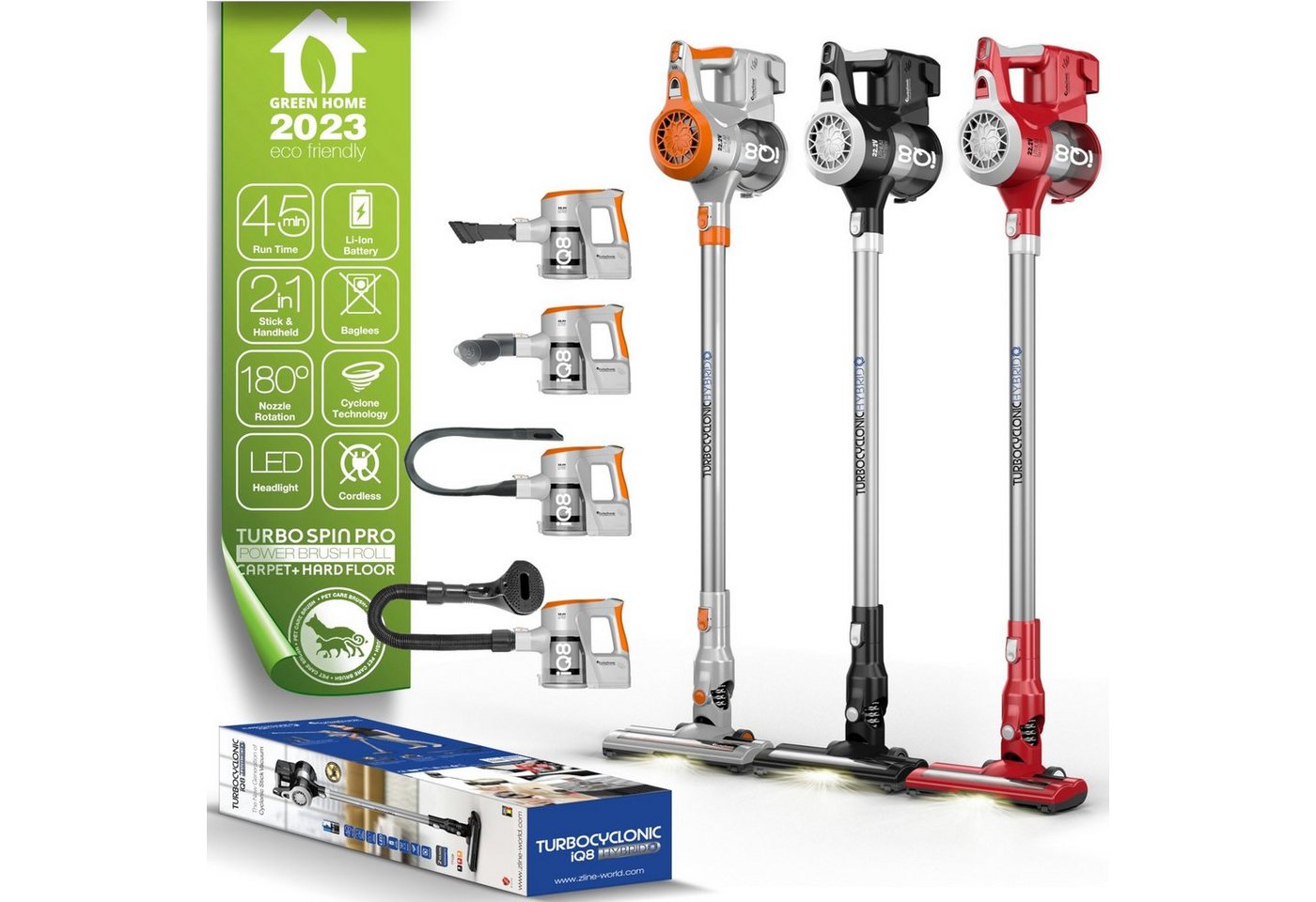 TurboTronic by Z-Line Akku-Hand-und Stielstaubsauger beutellos, ultra-Leichtgewicht, 120 W, beutellos, kabelloser 2 in 1 Boden- /Handstaubsauger, 22.2V LI-ION, extrem starke Saugkraft > 8 kPa, inkl. umfangreichem Zubehör