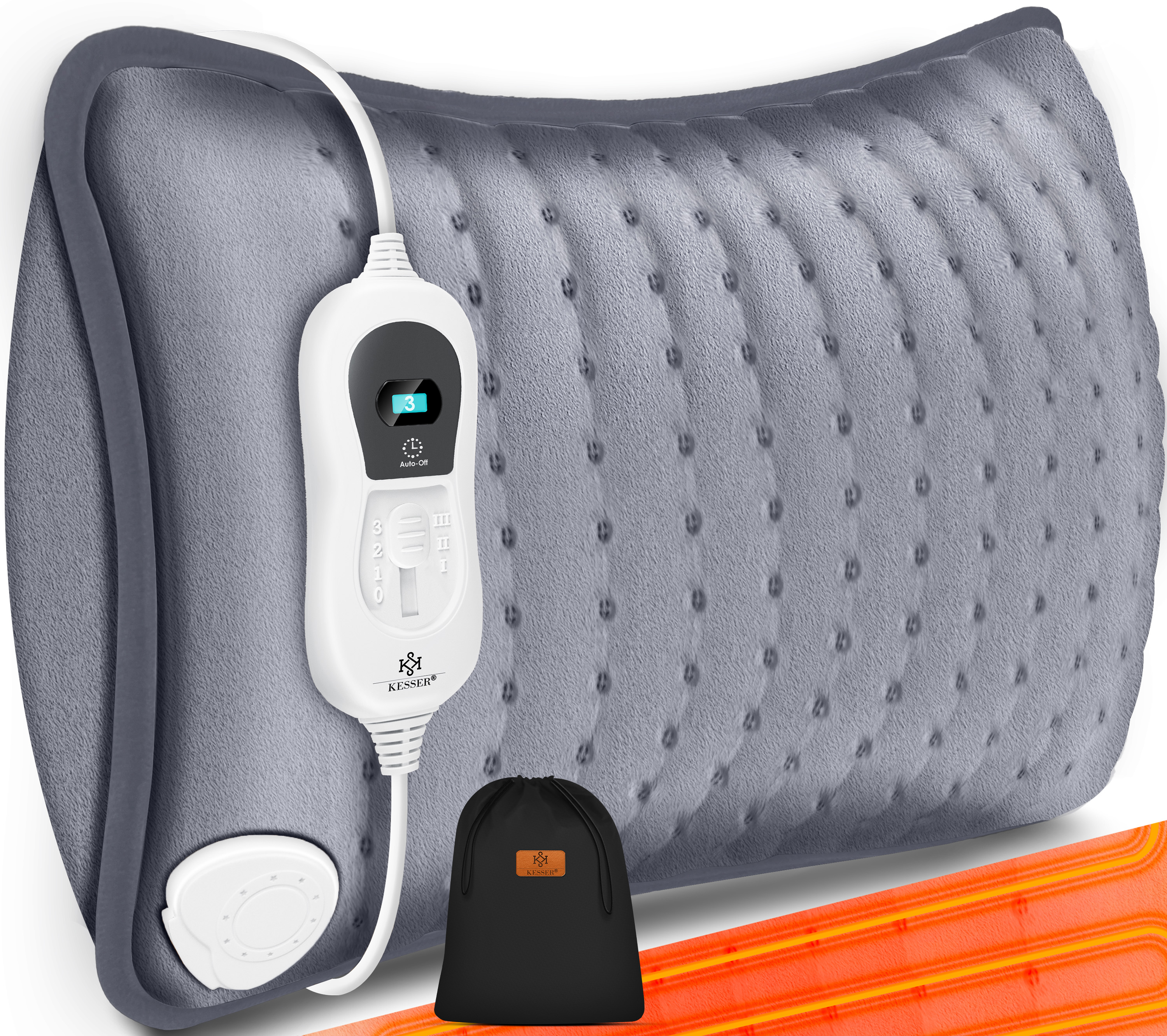 KESSER Heizkissen elektrisch mit Füllung Inkl. Tasche 100W für Rücken Schulter Nacken Bauch Sofa Heizkissen mit Schnellheizung Wärmekissen mit 3 Temperaturstufen & Abschaltautomatik Grau