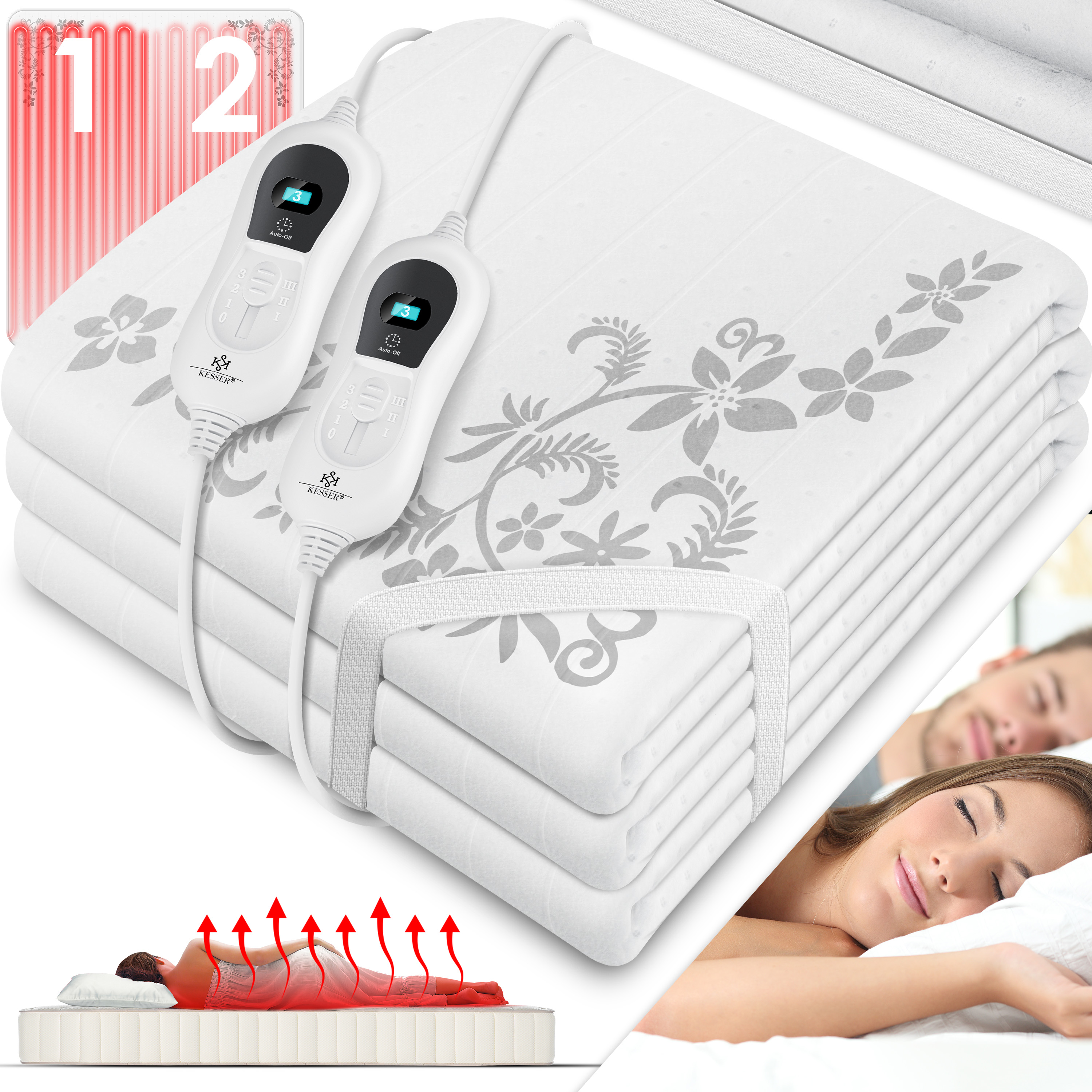 KESSER Wärmeunterbett mit Abschaltautomatik Fernbedienung Heizdecke mit 3 Temperaturstufen Wärmebettunterlage fürs Bett Matratzenheizung Wärmedecke aus weichem Vlies Heizkissen 160x140cm, Weiß Mit Muster