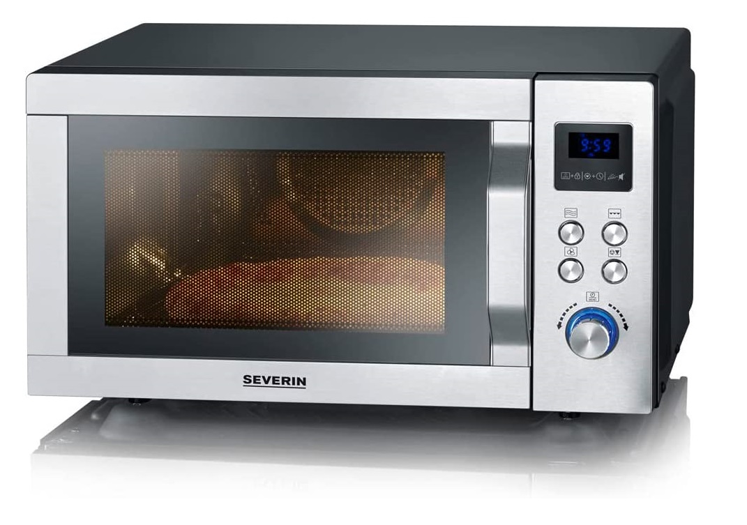 Severin MW 7778 4-in-1 Mikrowelle, 25 Liter Garraum, 900 Watt, Grillfunktion, Heißluft 230°C, Pizzafunktion, Auftauen, 11 Programme, silber
