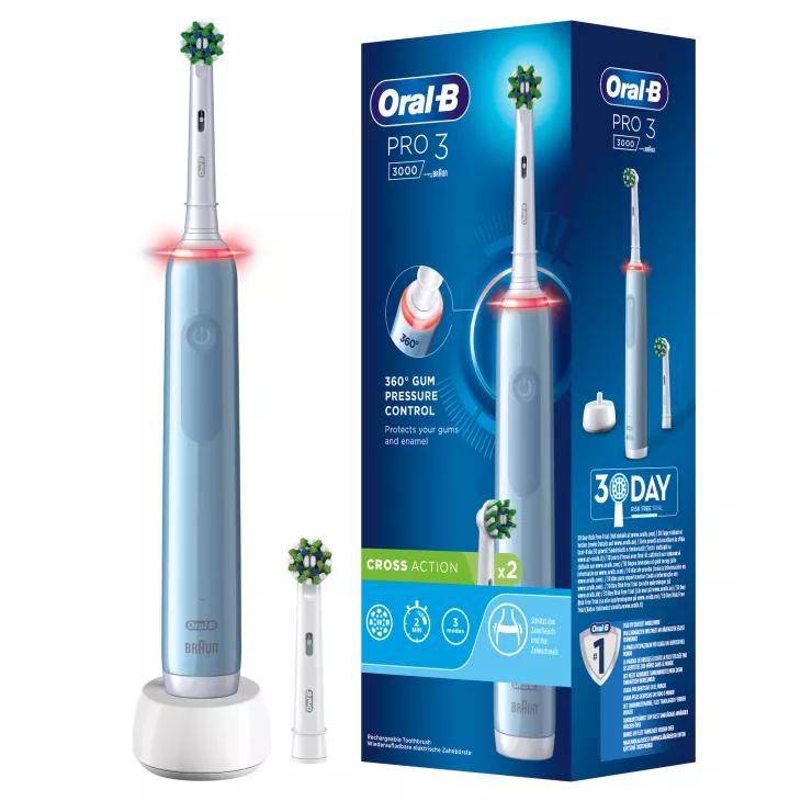 Oral-B Pro 3 3000 Cross Action Blue Elektrische Zahnbürste, 2 Aufsteckbürsten