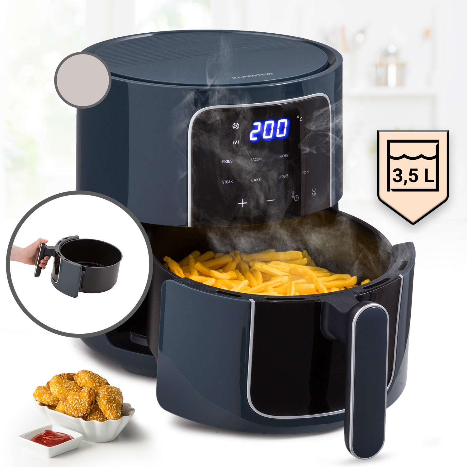 Klarstein Crisp-Pro Heißluftfritteuse, Air Fryer, 1400W, 3,5 Liter, 8 Programme, Timer, Anthrazit