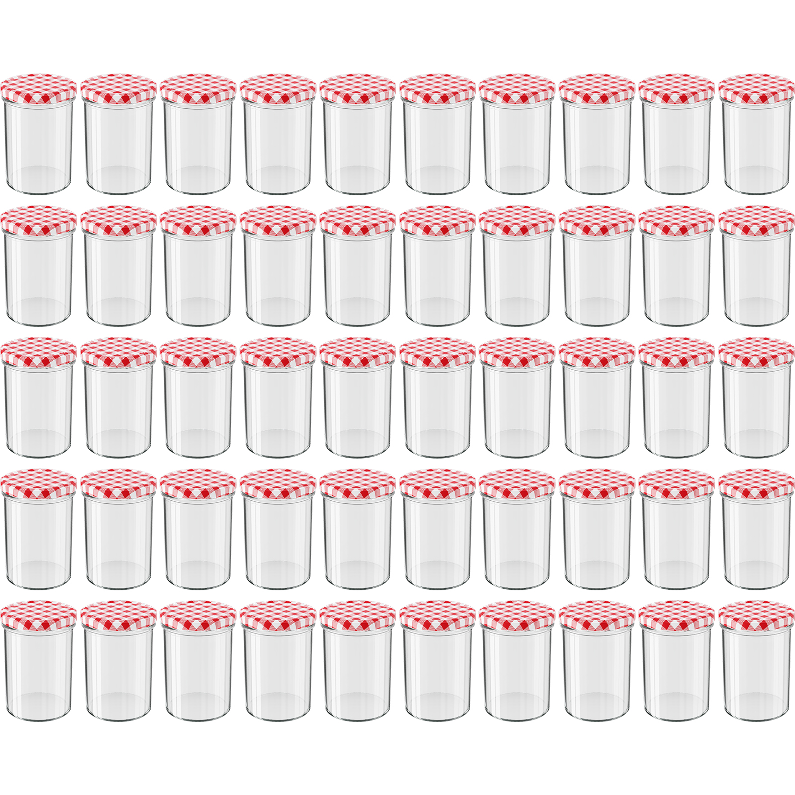 50 Stück Wellgro Einmachgläser mit Schraubdeckel - 435 ml, 8,5 x 12 cm (ØxH), Glas / Metall, rot karierte Deckel To 82
