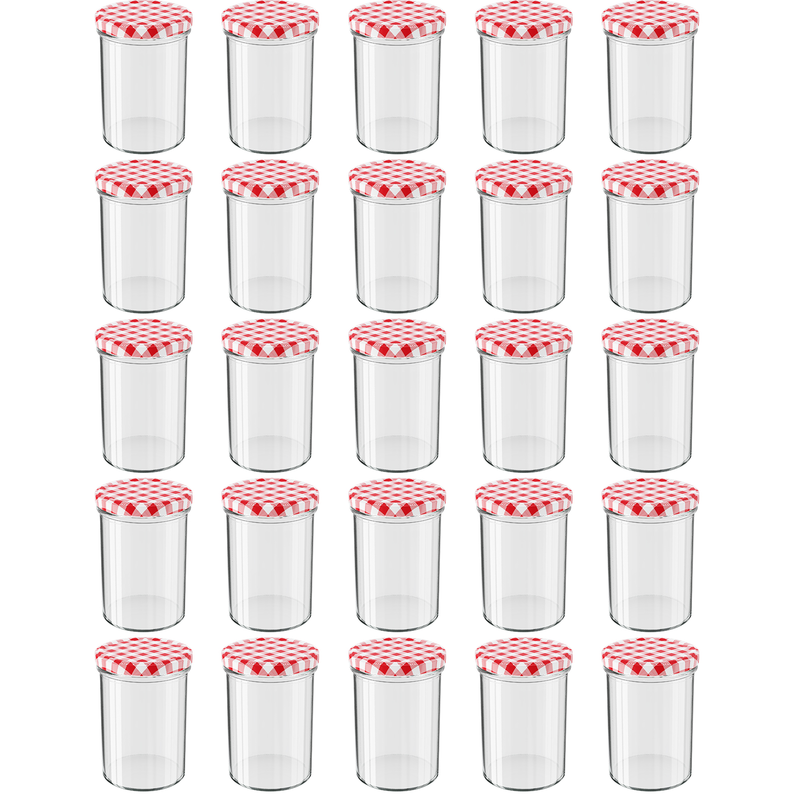 25 Stück Wellgro Einmachgläser mit Schraubdeckel - 435 ml, 8,5 x 12 cm (ØxH), Glas / Metall, rot karierte Deckel To 82