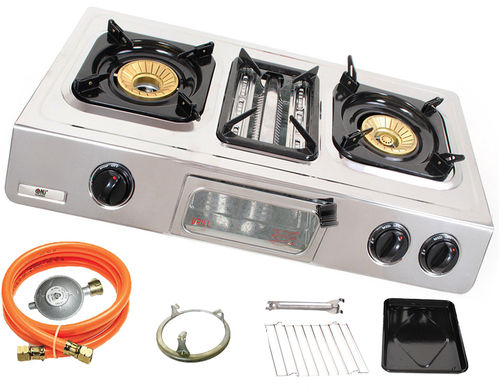 NJ Gaskocher mit Grill,3 flammig Gasgrill, 9,7 KW, Campingkocher, edelstahl