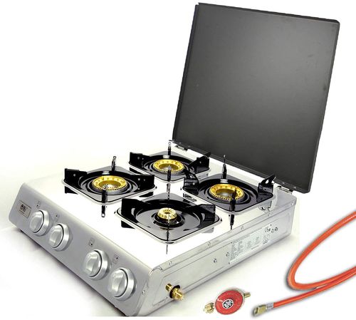 NJ Gaskochcher NGB-400C, 4 flammig, mit Deckel, Campingkocher, 12KW, edelstahl