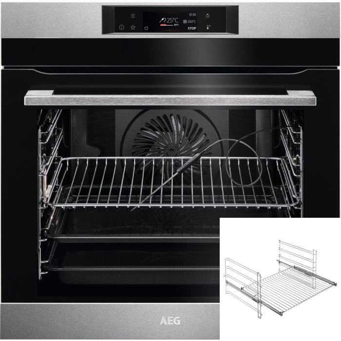 AEG PYRO749M Backofenset, Einbaugerät, Einbaubackofen BPK742280M + Teleskopauszug TR1LFV, Pyrolyse, Garraum 71 l, Breite 59,5 cm, edelstahl, schwarz
