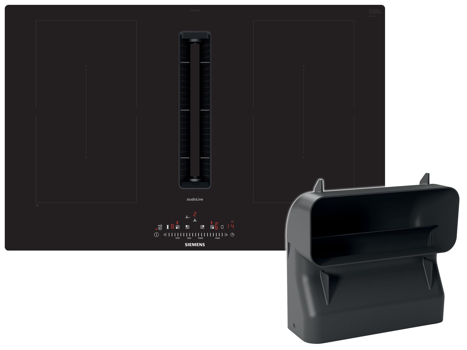 Siemens ED807FGA6 Set Kochfeld mit Dunstabzug, Induktionskochfeld ED807FQ25E + Flachkanal HZ9VDSB4, Breite 80 cm, 4 Zonen, Autark, schwarz - Preisvergleich