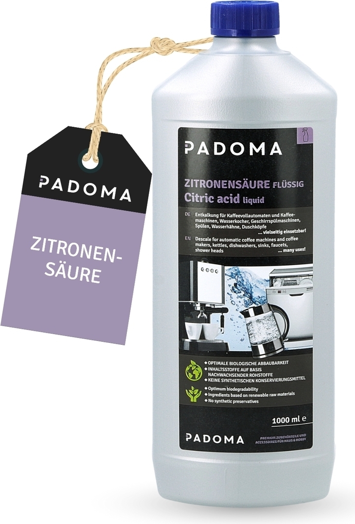 Padoma 10090132 Zitronensäure 1000 ml, vielseitig einsetzbar für Geschirrspüler, Kaffeemaschinen und Küchengeräte