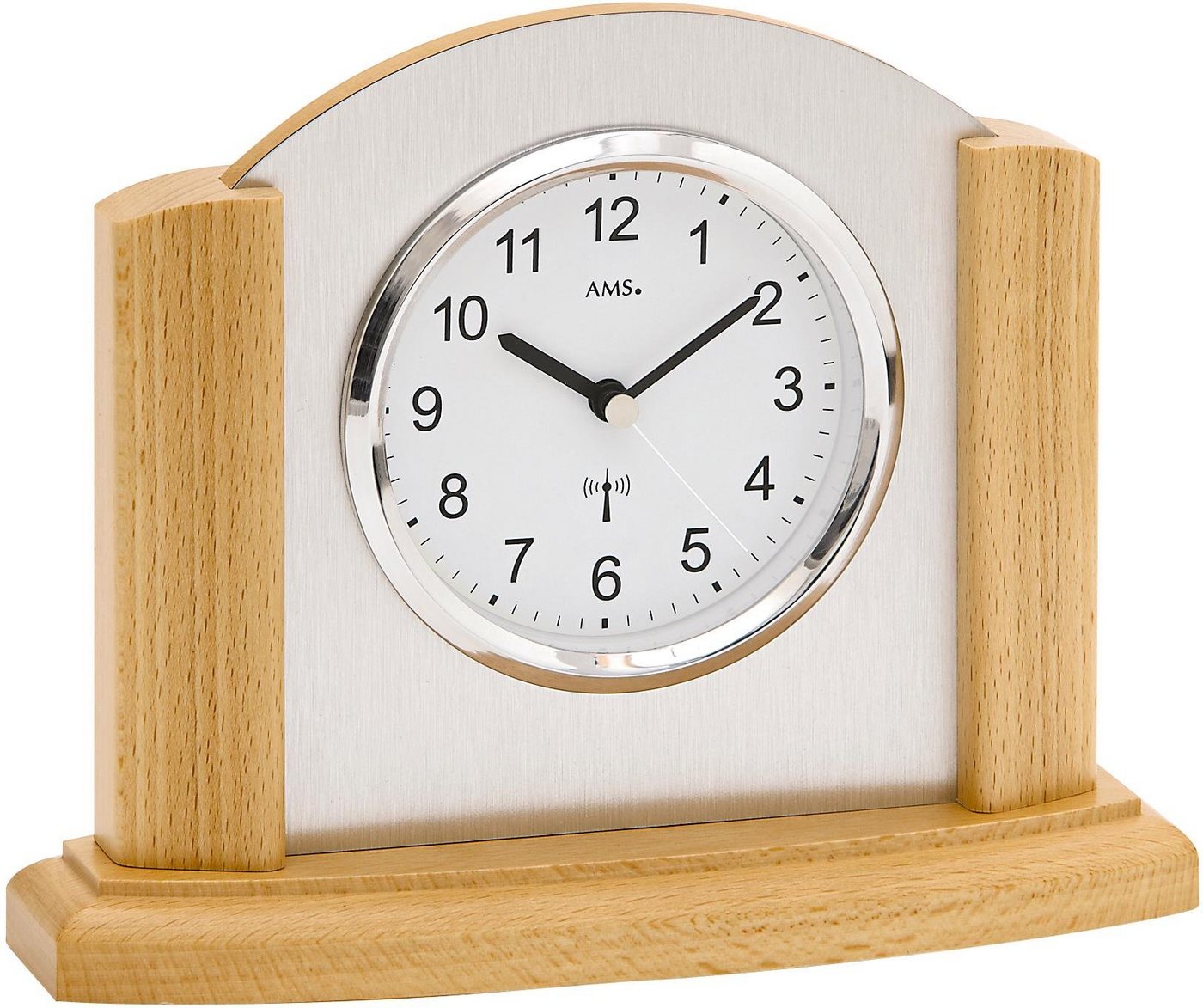 AMS Funktischuhr F5123/18, klassische Holz Uhr in buchefarben, Made in Germany, für Wohnzimmer und Esszimmer