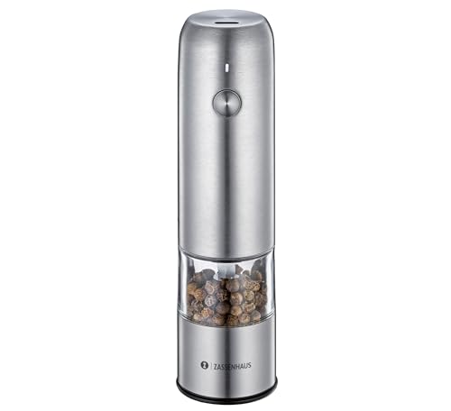 Zassenhaus Pfeffermühle KÖLN, elektrische Gewürzmühle mit Hochleistungs-Keramikmahlwerk, Edelstahl rostfrei, 14 cm