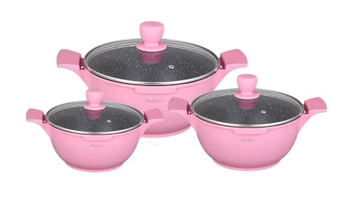 COFI 1453 Kochtopfset 20-24-28cm 6-tlg Topf Induktion Alu Guss Geschirr Pink, Antihaftbeschichtung, ergonomischer Griff, geeignet für alle Herdarten