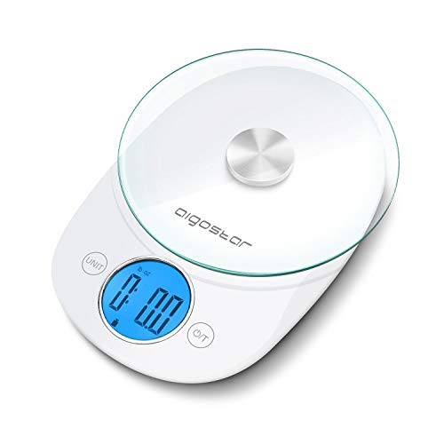 Aigostar Küchenwaage Digitalwaage 5KG,Professionelle Waage Electronische Haushaltswaage mit Berührungssteuerung und Hochpräzises,Tara-Funktion/5 Einheitens-Weiß