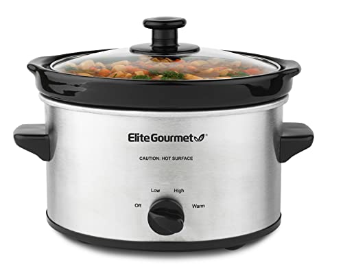 Elite Gourmet MST-275XS Elektrischer ovaler Schongarer, einstellbare Temperatur, Vorspeisen, Saucen, Eintöpfe und Dips, spülmaschinenfester Glasdeckel und Topf (2 Quart, Edelstahl)