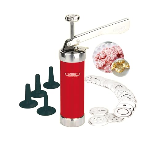 GSD HAUSHALTSGERÄTE GSD-Metall-Gebäckpresse Set, 25-tlg. mit 20 Metall-Matrizen und 4 Spritztüllen, Spezialverstellung für zwei Keksgrößen