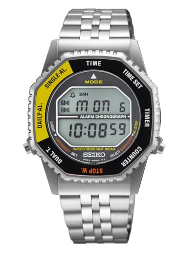 Seiko Digitaluhr Armbanduhr Rotocall, Digital-Chronograph mit Quarzwerk, schwarz/gelb, 10 bar wasserdicht, Edelstahl, Stoppfunktion, Alarm, Timer