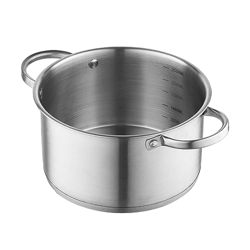 FLORINA Topf aus Edelstahl (2,5 l) 18 cm I Kochtopf mit Glasdeckel I Mit Messbecher und genieteten Griff I 3-Schicht-Boden I Spülmaschinengeeignet I Ideal für Induktionsherd, Gasherd und Elektroherd