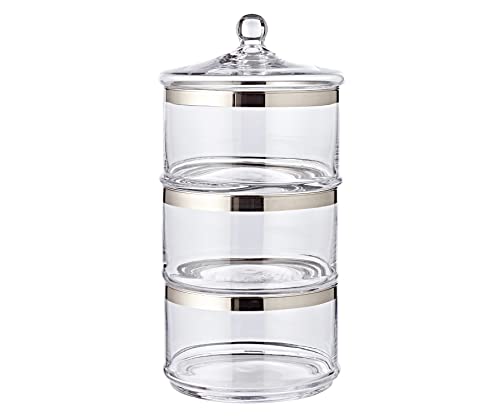 EDZARD Glasdose Vigo dreistöckig, stapelbar, mit Deckel, mundgeblasenes Kristallglas mit Platinrand, Ø 19,5 cm außen, Ø 17,5 cm innen, Bonboniere, Muffin Dose, Cookie Jar