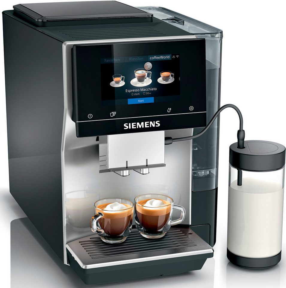 SIEMENS Kaffeevollautomat EQ700 classic TP715D47, Cold Brew, 5" TFT-Display, App, iaromaSelect, 10 Favoriten, automatisches Dampfreinigung, silber metallic