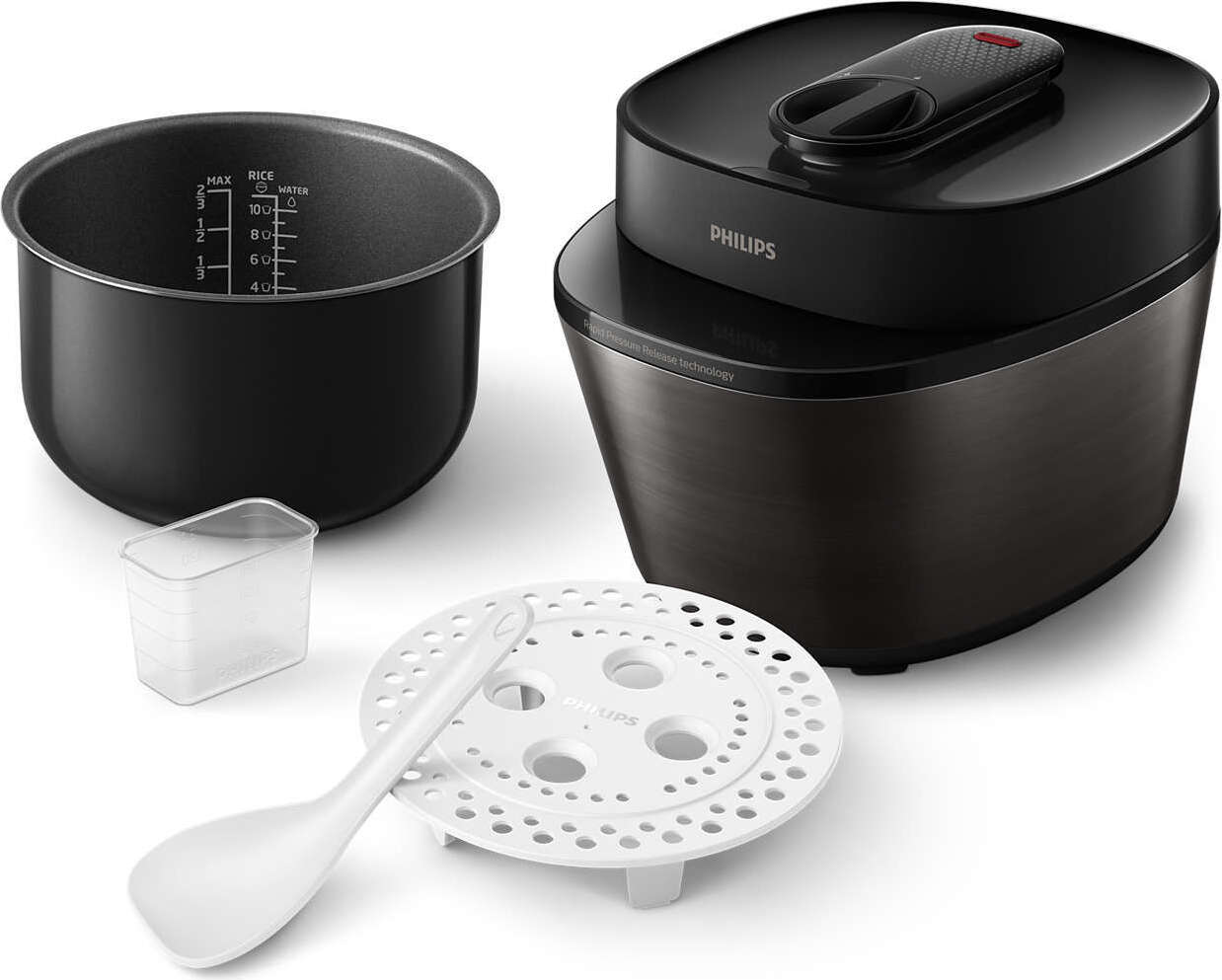 Philips Multifunktions-Schnellkochtopf HD2151/40, All-in-One-Dampfkocher mit Rapid Pressure Release Technologie, Taste Control System und NutriU App, silber