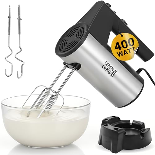 LEBENLANG 400W Handmixer mit 5 Stufen & Turbo, inkl. Standhalterung, ergonomischer Griff, Edelstahl-Rühr- und Knethaken, spülmaschinenfest