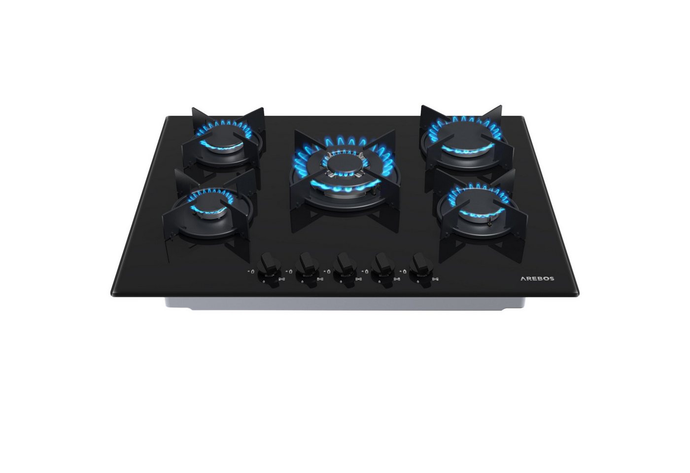 Arebos Gas-Kochfeld 5 Flammig, Glaskeramik, mit automatischem Flammenschutz, geeignet für Erdgas und Propangas, schwarz