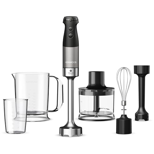 Kenwood Triblade XL Pro Stabmixer HBM80.322BK, 1200W, variable Geschwindigkeiten, Edelstahl Pürierfuß, umfangreiches Zubehörset mit 700 & 250 ml Bechern, 500 ml Zerkleinerer, Schneebesen und Emulgieraufsatz, spülmaschinenfeste Teile