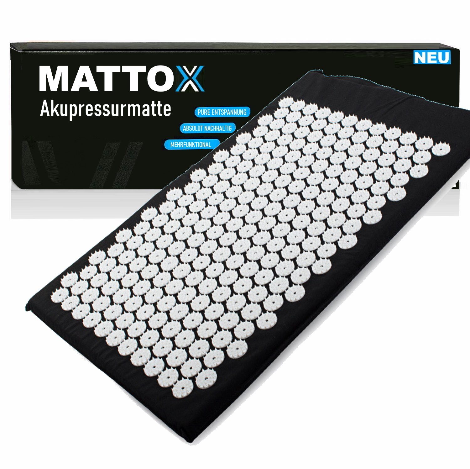 MAVURA MATTOX Akupressurmatte Massage Matte Kissen Nadelmatte, Entspannung Nackenkissen Liegematte 2in1 Fakirmatte, Schwarz