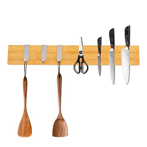 CHEFGASTRO Magnetleiste, magnetische Messerleiste aus Bambus, 40 cm mit 3 silbernen Haken, wasserabweisend und starkem Magnet, zum Kleben oder Schrauben